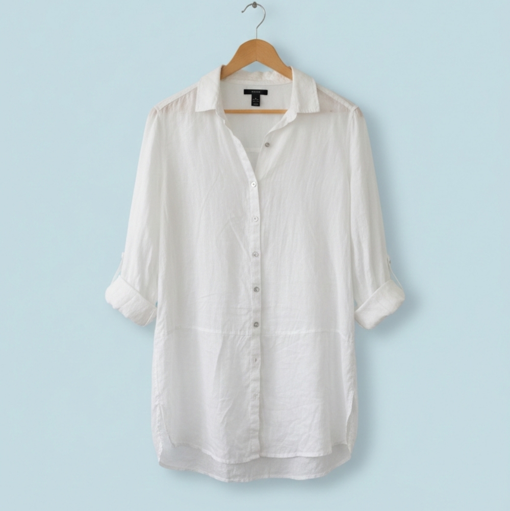 Tahari 100% Linen White Lagenlook Relaxed Tunic Button Down Shirt Sz Small